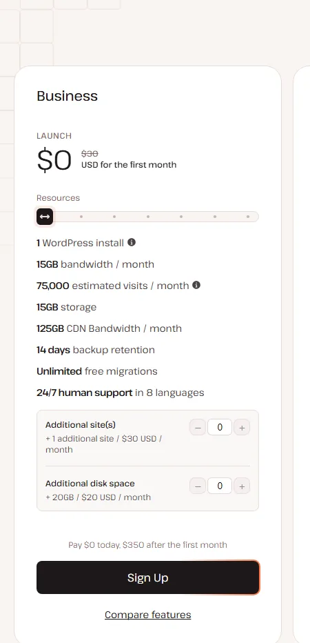 Kinsta pricing page with annual billing selected: the entry plan shows 0 USD for the first month, 30 USD struck through, and 350 USD after the first month