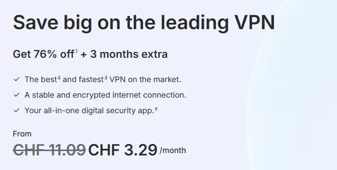 NordVPN offer page showing 76% off plus 3 months extra and a price of CHF 3.29 a month instead of CHF 11.09